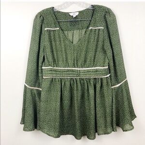 Entro Green Polka Dot Bell Sleeve Blouse Boho